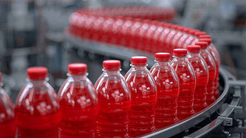 A continuous line of red soda bottles moving on a conveyor belt