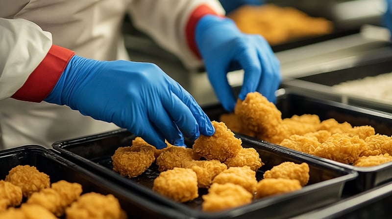 Quality assurance inspection of freshly prepared golden chicken nuggets