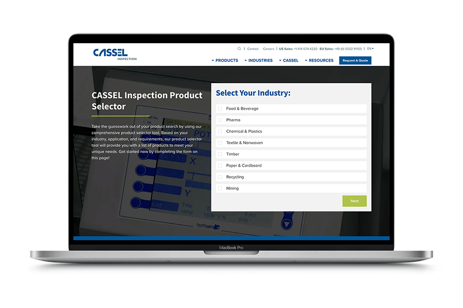 laptop on the CASSEL inspection product selector page