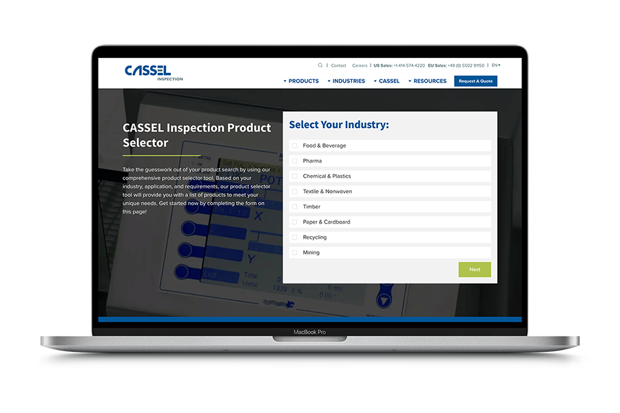 laptop on the CASSEL inspection product selector page