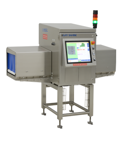 Three-quarter view of a stainless steel x-ray inspection machine with a large digital screen and small box units on each side.