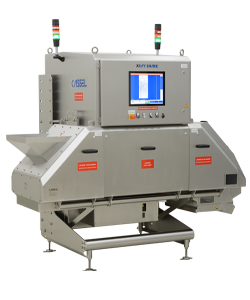 Three-quarter view of a stainless steel x-ray inspection machine with a large digital screen and angled units on each side.