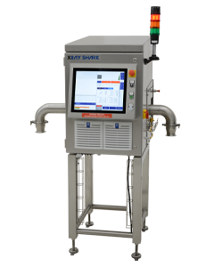  Three-quarter view of a stainless steel x-ray inspection machine with a large digital screen and a connector pipe for liquids on each side.