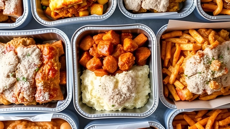 Frozen ready meals with a variety of frost-covered dishes like lasagna