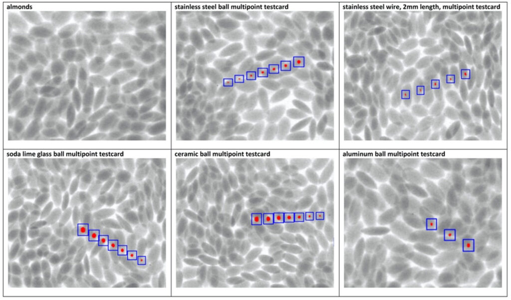 Images of Stainless Steel, Soda Lime Glass, Ceramic and Aluminum being detected in Almonds