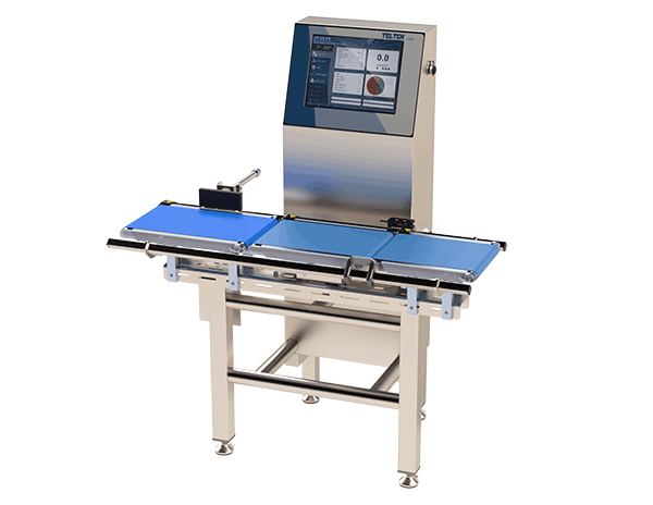 Three-quarter view of a stainless steel CASSEL Checkweigher with a large digital screen and small conveyor belt.