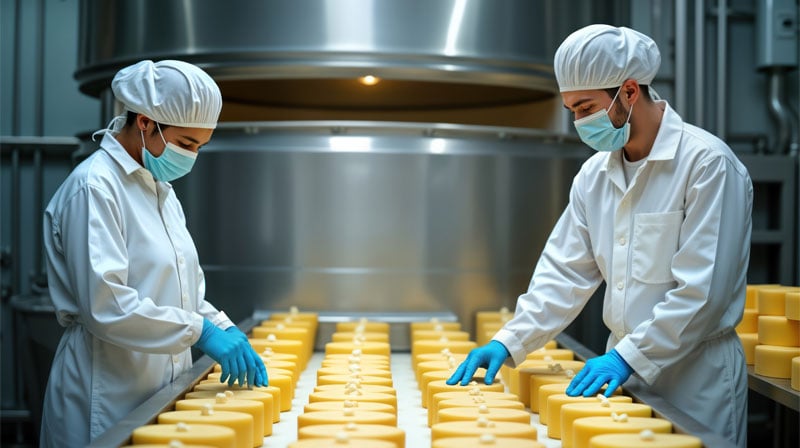 Workers-in-dairy-factory-process-cheese