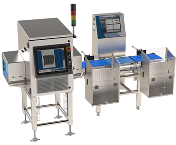 Three-quarter view of a stainless steel Checkweigher system which includes two units, one unit which has a blue conveyor belt on the front.