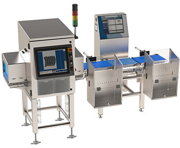 Three-quarter view of a stainless steel Checkweigher system which includes two units, one unit which has a blue conveyor belt on the front.