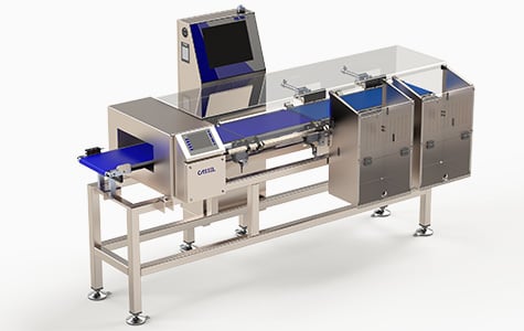 Three-quarter view of a stainless steel system which includes a blue conveyor belt on the front and a digital display unit.