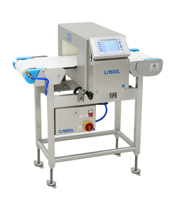Three-quarter view of a stainless steel CASSEL metal detector with a small conveyor.